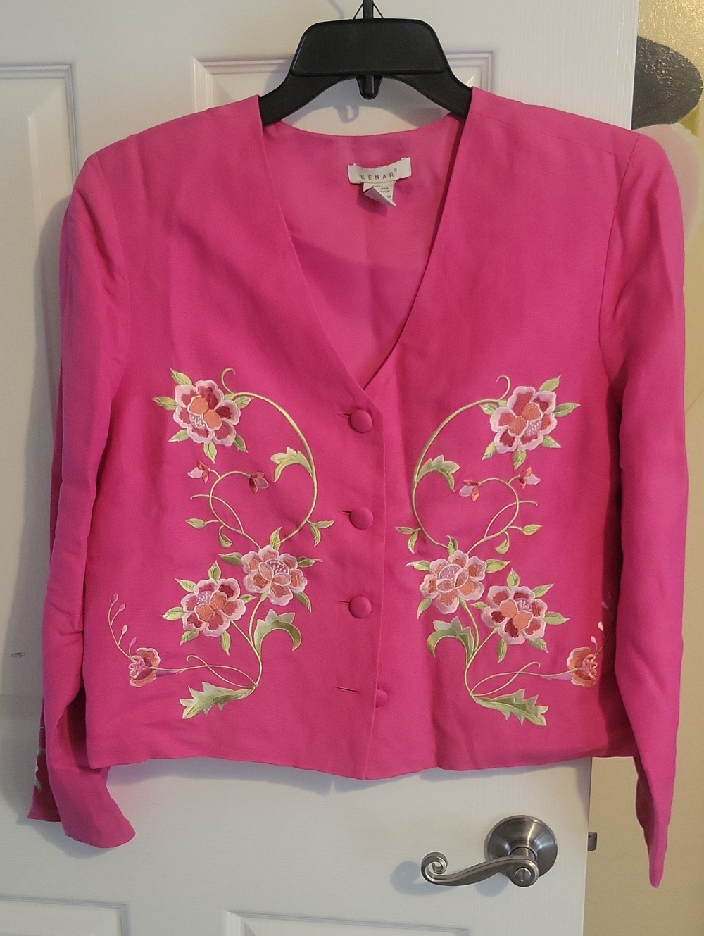 Kenar Sz12 Bright Pink Lined  Embroidered V-Neck Button Up Blazer